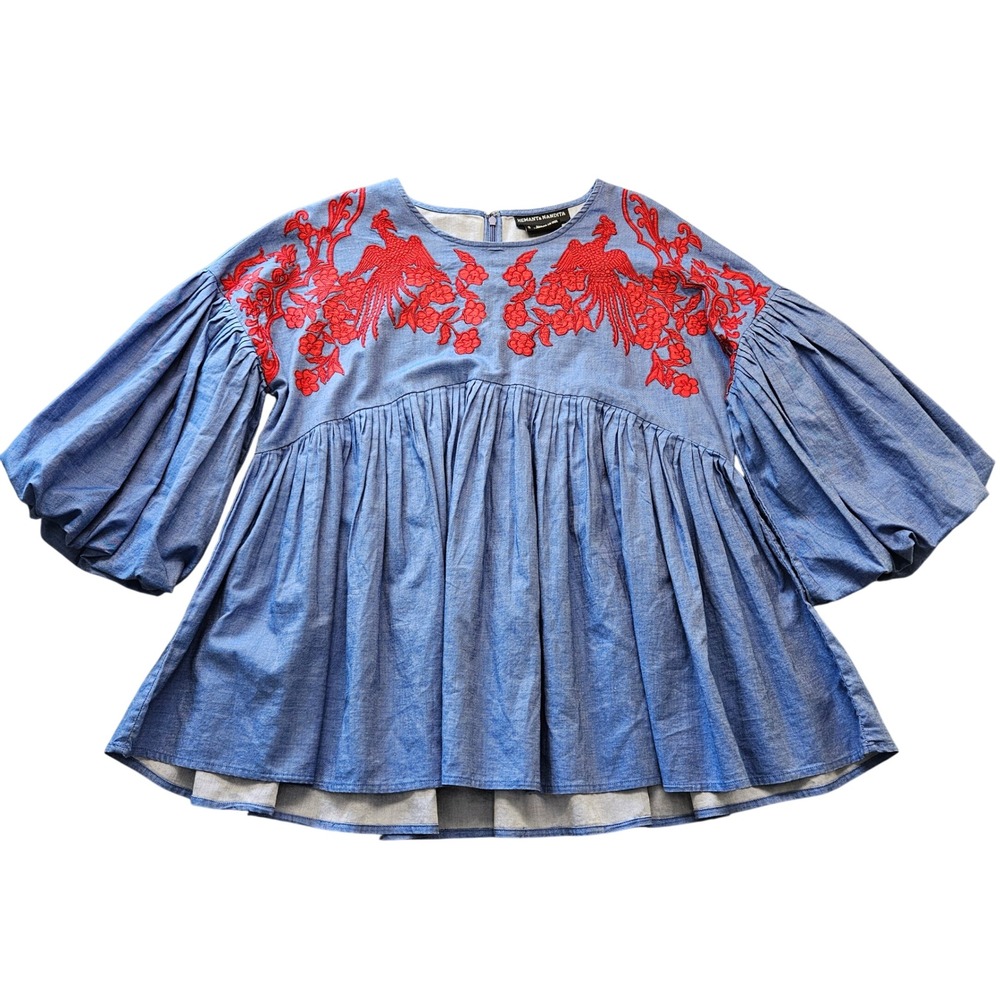 Hemant & Nandita Blue Chambray Red Phoenix Embroidered Babydoll Top Small